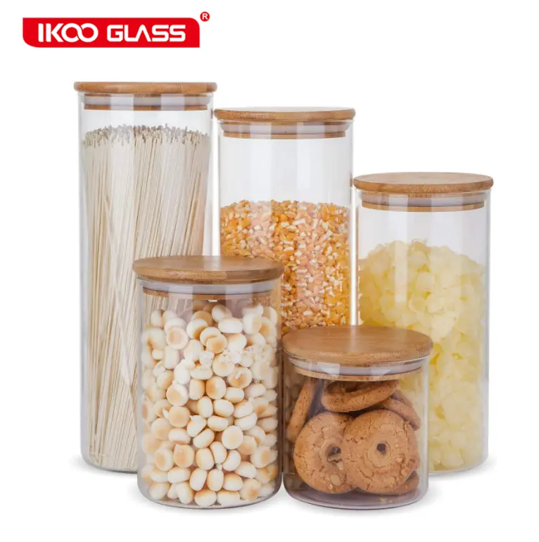 Набор стеклянных контейнеров для хранения пищевых продуктов, герметичные пищевые банки с бамбуковыми деревянными крышками, набор из 5 кухонных канистр