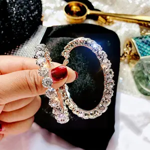 Mode Perhiasan 925 Sterling Silver 5.5Cm Lingkaran Besar Berkilau Cz Kristal Hoop Earrings Berlian Imitasi Hoop Earrings