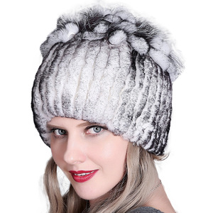 Bonnet en laine mélangée côtelée ultra doux en véritable <span class=keywords><strong>fourrure</strong></span> de lapin Rex, chaud et élégant pour femme, idéal pour le quotidien - Product Image 3