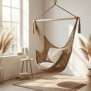 Fauteuil suspendu en corde de coton tressé à la main, style bohème, pour chambre à coucher, chaise suspendue intérieure/extérieure avec pompon - Product Image 1