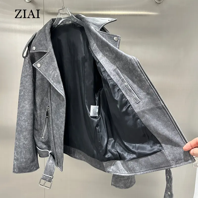 Venta al por mayor chaqueta de cuero para las mujeres de la moda de la chaqueta de cuero de la motocicleta de talla grande de imitación de material lavado chaqueta de cuero