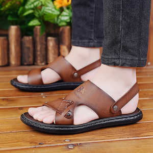 Men's Genuine Leather Flat Sandals Open Toe Anti Slip Breathable Waterproof Casual Summer <b>Beach</b> <b>Shoes</b> Embossed Logo - Product Image 3