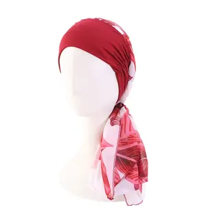 หมวกคีโมมุสลิมสำหรับผู้หญิง, หมวกคลุมศีรษะผ้าโพกศีรษะผ้าโพกศีรษะผ้าคอตตอนยืดหยุ่นผ้าโพกศีรษะพิมพ์ลายดอกไม้