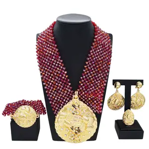 Zhuerrui Fashion 18K Gold Jewelry Sets Red Orange Bead Necklace Bracelet Jewelry Set Favors Women's Bridal Accessories H40023