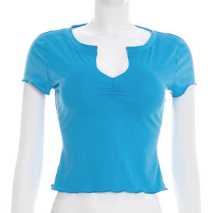 Viviblook J26TP062 Tops de verano para mujer, camiseta informal de manga corta con cuello en V de color sólido, ajustada y sexy - Product Image 1