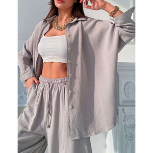 Herfst 2025 Trendy Dameskleding Casual Pak Effen Kleur Shirt Met Lange Mouwen En Harembroek <span class=keywords><strong>2</strong></span>-delige Set - Product Image 1