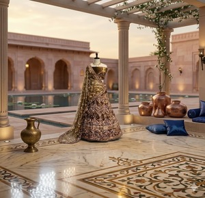 Conjunto Lehenga de Bronce Dorado para Mujer, Traje Étnico para Bodas y Fiestas con Dupatta, Estilo Moderno, Secado Rápido, Sin Arrugas - Product Image 2