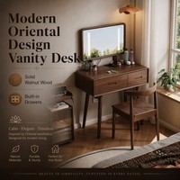 Meuble de chambre à coucher en bois de chêne, style esthétique oriental, avec commode compacte multi-tiroirs et coiffeuse intégrée