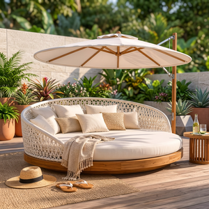 Chaise longue moderne en rotin et bois massif avec base en teck, coussins imperméables, parasol, sans accoudoirs, style côtier, pour bord de piscine - Product Image 2