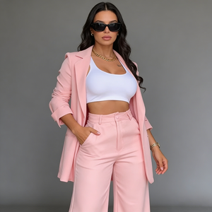 Completo da <span class=keywords><strong>Donna</strong></span> Ultimo Design con Scollo a V, Stile da Ufficio Tinta Unita, <span class=keywords><strong>Tailleur</strong></span> Due Pezzi con <span class=keywords><strong>Pantaloni</strong></span> e Bottone, Abbigliamento Femminile Primaverile - Product Image 1