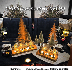 Casa de pueblo en miniatura de madera y metal con mesa, árbol de Navidad, reno, chimenea y escena de bosque, decoración para el hogar, portavelas navideño - Product Image 2