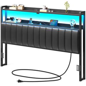 Cabecera <span class=keywords><strong>para</strong></span> Cama King Size con Almacenamiento, Luz LED, Puertos USB y Tipo C, Altura Ajustable, Cómoda y Moderna, de Cuero - Product Image 1