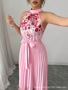 Vestido Largo de Fiesta para Mujer 2026, Estilo Halter con Estampado Floral, Plisado, Corte en A, Cintura Natural, de Chifón, Largo hasta el Suelo - Product Image 3