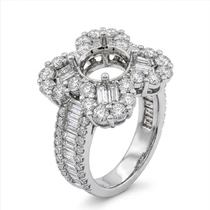 Bague semi-montée Majestic en or blanc massif 18 carats, design floral à quatre feuilles, halo de diamants baguette et ronds, conception de haute joaillerie sur mesure - Product Image 1