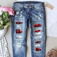 Factory Wholesale Ladies Jeans Red Ripped Plaid Straight Leg Women Denim Trousers