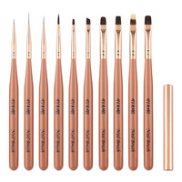 Ensemble de 10 pinceaux de nail art à manche en bois peint, ensemble complet, pointes rondes/angulaires, pinceaux liner pour gel polish, formes de poils plats/liners