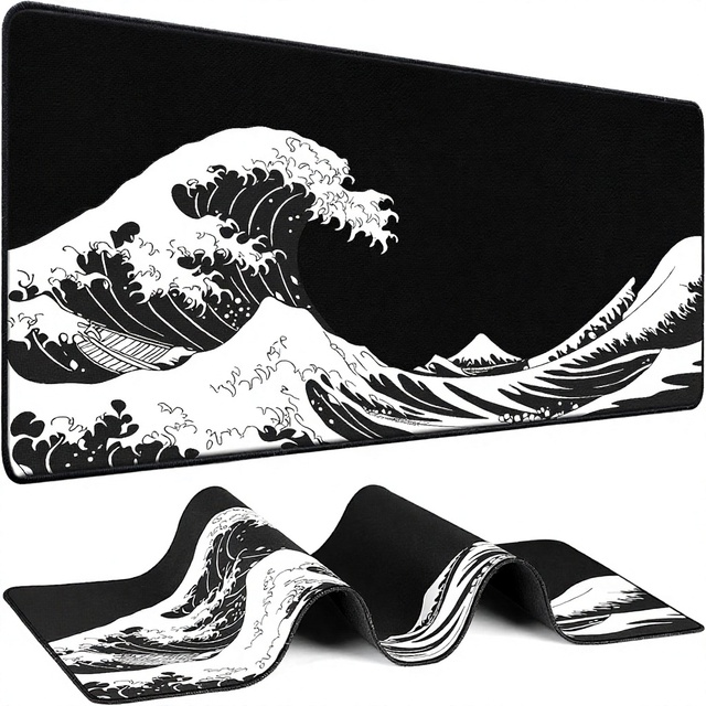 Custom Printed Gaming Desk Mat Japanese Large Wave Rubber Material Non-Slip Base for Game Office Home Use