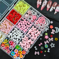Kit de 12 grilles de breloques pour ongles en résine (nœuds, cœurs, lunes), décorations 3D pour nail art (fleurs, perles), pierres à ongles en strass assorties et accessoires pour ongles