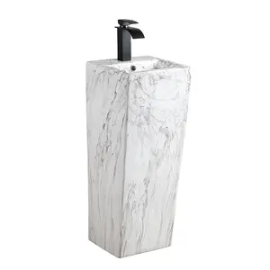 China suppliers one piece washbasin with pedestal marble pattern wholesale stand wash sink ceramic modern pedestal basin
