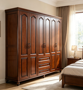Armario Extra Grande de Madera Maciza con 6 Puertas y 3 Cajones, Armario de Dormitorio Retro de Nogal para Ropa - Product Image 2