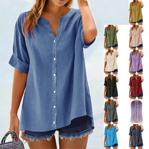 Nueva Blusa Elegante de Verano 2025 para Mujer, Cuello en V, Holgada, Informal, con Botones, de Lino, Transpirable, de Gasa Tejida, Sencilla, a la Moda, Lisa - Product Image 2
