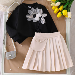 Abbigliamento per bambini abito da ragazza Cross-border nero Top a maniche lunghe + gonna plissettata - Product Image 1