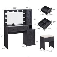 Coiffeuse de style farmhouse avec miroir Hollywood et porte coulissante, table de maquillage avec 5 tiroirs et plateau en verre pour chambre à coucher, mobilier de maison
