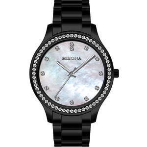 <strong>XXCOM</strong> Branded Business Quartz <strong>Watch</strong> Stainless Steel Black Mother Pearl Dial Diamond Customizable Ceramic Leather Band 20mm Width - Product Image 4