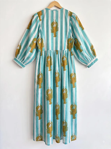 Robe midi à imprimé floral vert sauge bohème pour femmes, silhouette décontractée, manches longues, coton, tenue décontractée d'été pour les vacances - Product Image 2