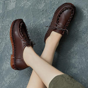 Nouvelles Chaussures Décontractées pour Femmes, Style Ethnique Rétro, en Cuir de Vachette Fait Main, à Semelle Souple, à Lacets, Bouche Profonde, Modèle Paresseux - Product Image 2