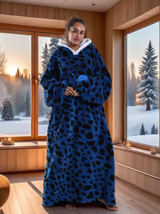 Heat Lock Sherpa Lining Bright Blue Leopard Flannel Outer Warm Hoodie Blanket Loungewear for Bedroom Nightwear - Product Image 1