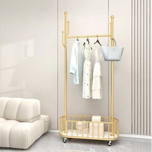 Multi-Functional Simple Floor <b>Stand</b> Folding Rack Double Universal Wheels Storage Basket Iron Cloth <b>Hanger</b> Clothes Living Room - Product Image 4