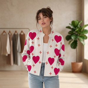 Heart Pattern Embroidered Bomber Jacket For <b>Women</b> <b>Spring</b> Stand Collar Full Sleeve Open Closure Woven Polyester <b>Coat</b> - Product Image 1