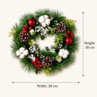 Karangan Bunga Natal Buatan Berlapis Es dengan Bola Kapas, Buah Pinus, dan Hiasan Bola Beri Merah, Tahan Lama, Dapat Digunakan Kembali, Dekorasi Dalam & Luar Ruangan