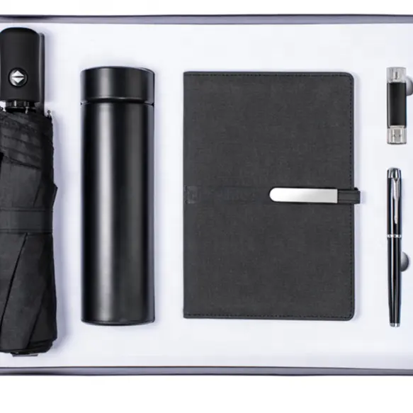5 in 1 VIP benutzer definierte Logo Promotion Souvenir Notebook mit Stift Tagebuch setzt Regenschirm mit Box Vakuum flasche USB-Flash-Laufwerk