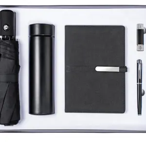 Сувенирный блокнот 5 в 1 с ручкой и логотипом на заказ, 2023 комплектов дневника + Зонт с коробкой + вакуумная колба + usb флэш-накопитель