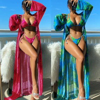 Ensemble bikini 3 pièces imprimé feuilles, nouvelle collection, avec paréo en maille, maillot de bain fendu pour femme, style européen et américain, tenue de plage