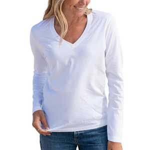 <span class=keywords><strong>T</strong></span>-shirts pour femmes de haute qualité à col en V et manches longues, personnalisés, 100% coton, solides, vente en gros, fabricant, <span class=keywords><strong>t</strong></span>-shirts décontractés pour femmes - Product Image 4