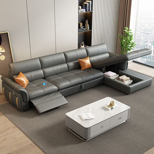 <span class=keywords><strong>Canapé</strong></span>-lit sectionnel moderne en cuir trois places avec chaise longue, design en L, cadre en bois, repose-pieds à mouvement coulissant et télécommande - Product Image 1