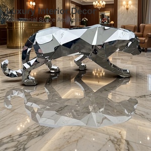 Scultura Moderna di Leopardo in Acciaio Inossidabile a Specchio, Statua Geometrica Sfaccettata di <span class=keywords><strong>Pantera</strong></span> per Decorazione Esterna di Giardini e Hotel di Lusso - Product Image 4
