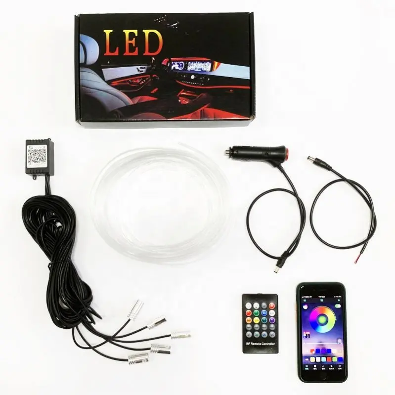 Lampu hias interior mobil, lampu dekorasi mobil 64 warna, remote control nirkabel BT App, atmosfir cahaya keren warna-warni