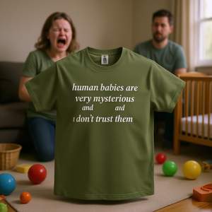 Camiseta divertida con meme: Los bebés humanos son misteriosos y no los confío. Camiseta sarcástica con ironía y diseño de humor desenfrenado. - Product Image 3