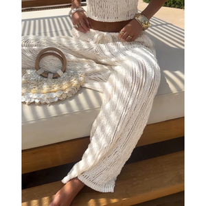 Vacation Style Textured Lace Spliced Sheer Knit Pants Lazy Casual Beach Wide Leg Long Trousers - Product Image 6