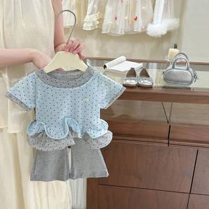 Baby Girls Summer Two Piece Set Polka Dot Top Flared Pants Breathable Thin Gray Toned Korean Style - Product Image 2