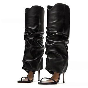2026 New Style Trendy Cool Women's <b>Black</b> Pu Patchwork Hard-Wearing Ruffled Knee-Length 7cm/8cm Wedge <b>Heel</b> <b>Open</b>-<b>Toe</b> Sandals - Product Image 1