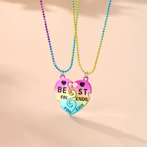 Hot Selling Children Best Friend Necklaces Set Cute Colorful Couple Broken Heart Pendant BFF Necklaces For 2 Girls