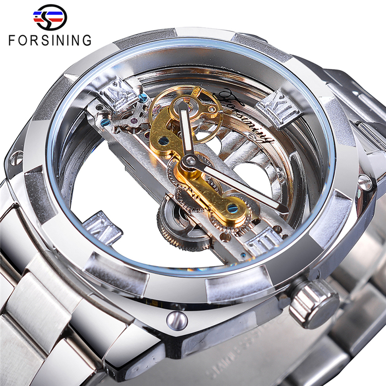 Часы Forsining GMT1165 Мужские механические, прозрачные дизайнерские автоматические часы-скелетоны из нержавеющей стали, серебристые