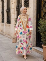 Robe maxi élégante et modeste à imprimé floral intégral avec paillettes et franges, idéale pour l'Aïd et les rassemblements sociaux, en polyester, style abaya.