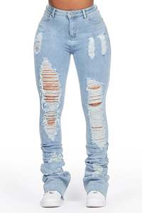Pantaloni a svasatura di Jeans Super impilati con lavaggio leggero cerato con acido lavato con orlo crudo con taglio Skinny con <span class=keywords><strong>torcia</strong></span> Jeans da donna - Product Image 2