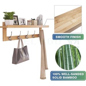 Wall-mounted <b>Coat</b> <b>Hooks</b> Bamboo Hanging <b>Shelf</b> 5 Double Metal <b>Hooks</b> Bathroom Bedroom Kitchen - Product Image 2
